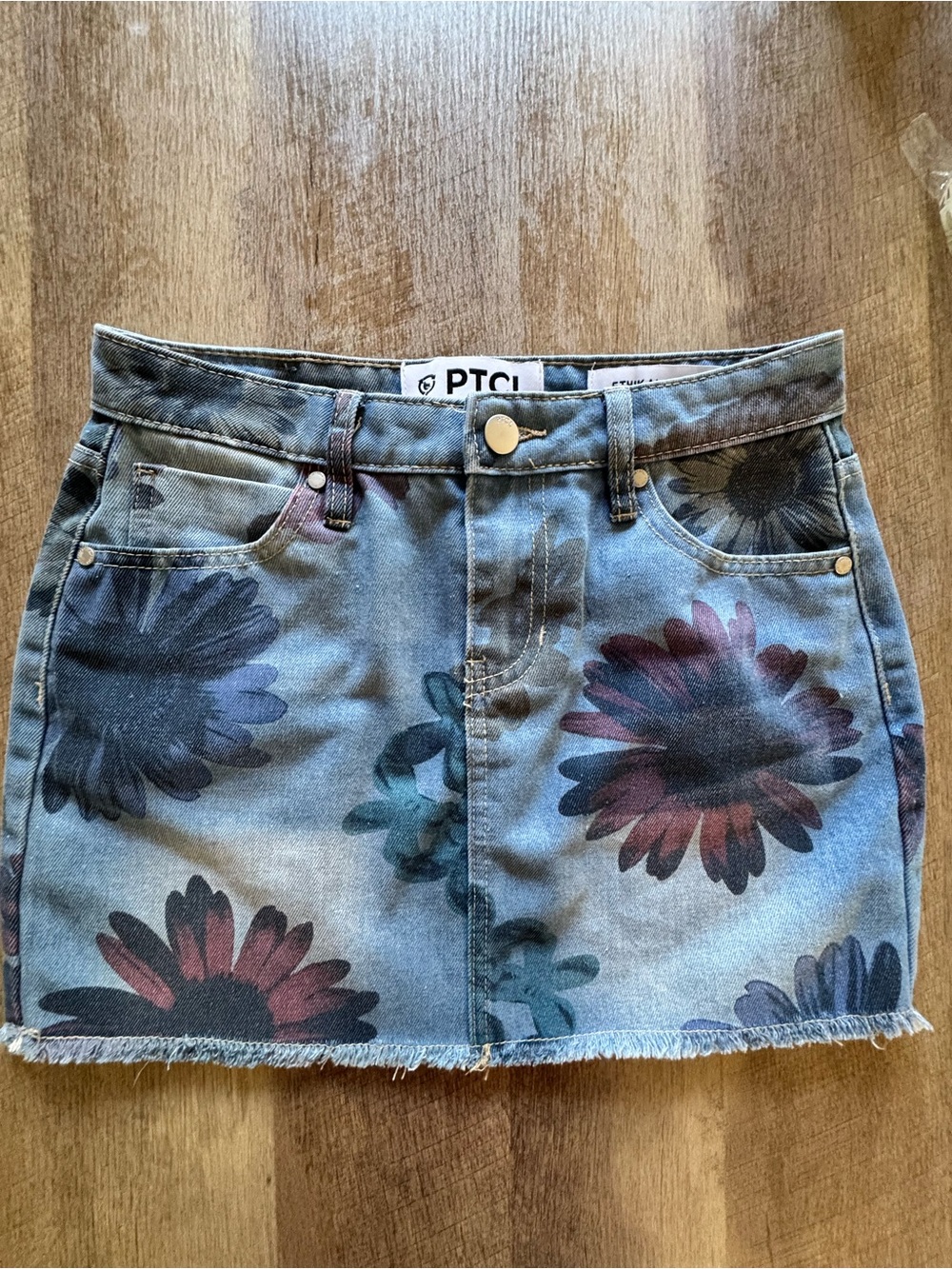 TCL Blue Denim Mini Skirt with Multicolor Floral Print